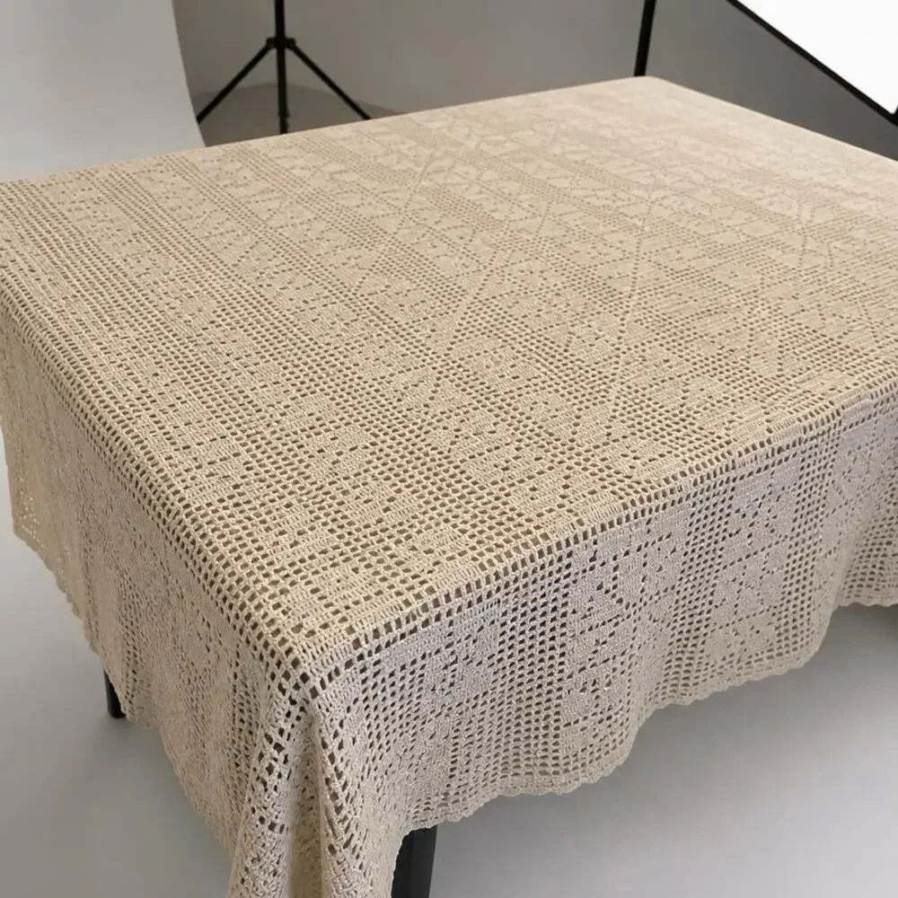 VTG 80s HandCrocheted Lace Tablecloth Beige Handmade Floral CottageHome 53x98”